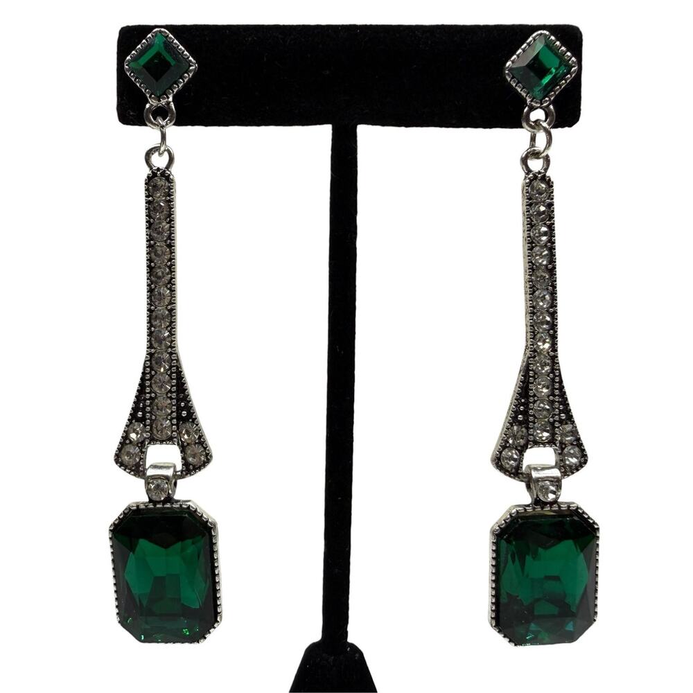 Art Deco Style Emerald Green Crystal Dangle Drop Earrings Silver Tone 3.5 in - Picture 6 of 6